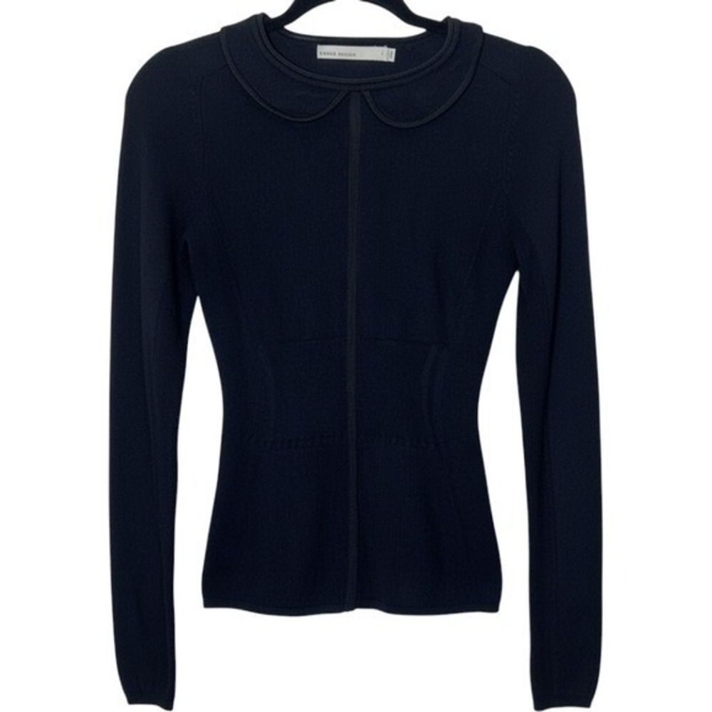 Karen Millen Black Peter Pan Collar ribbed Knit Top Long Sleeve Sweater Size 2